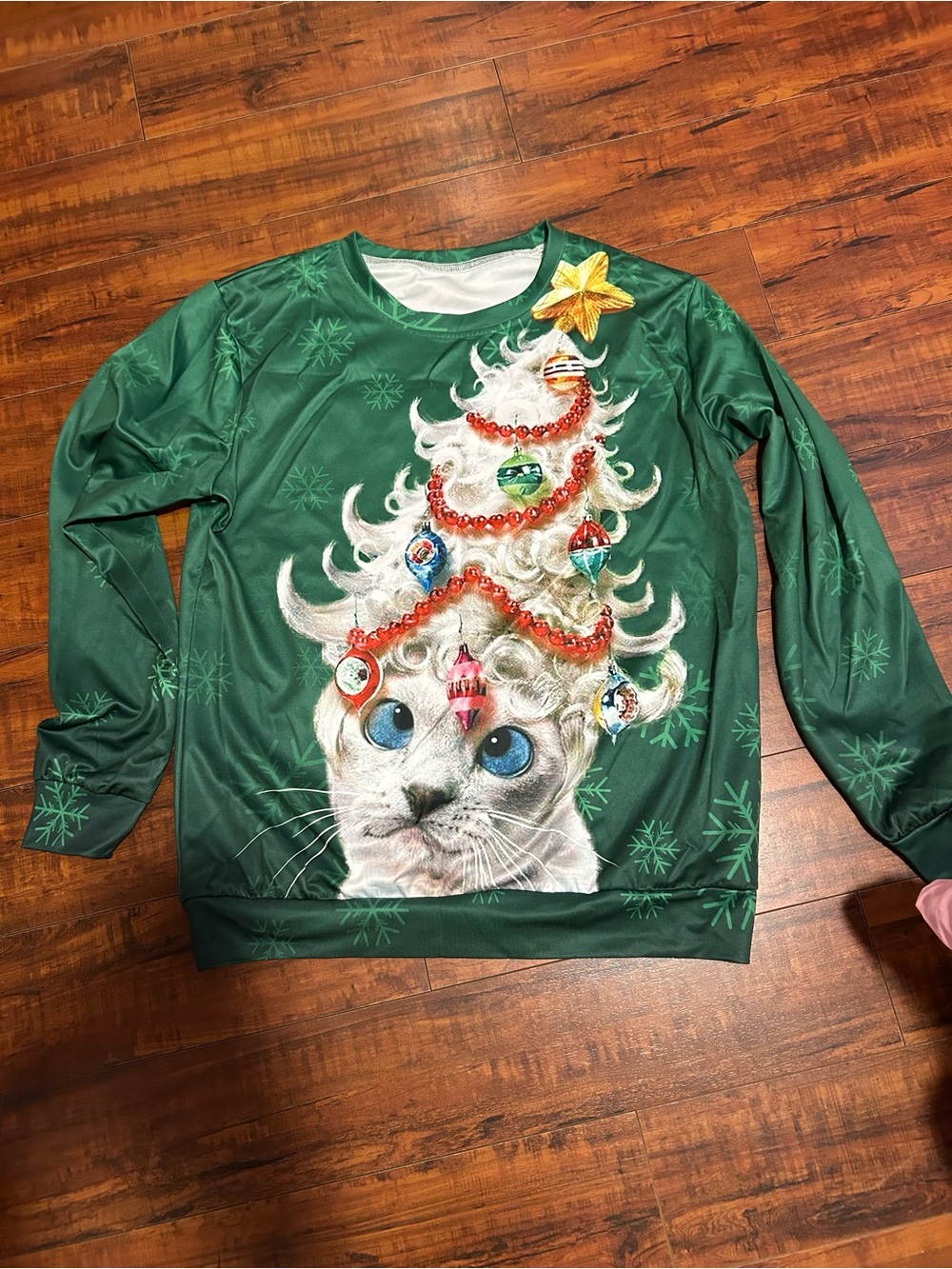 Women's Green Holiday Cat Graphic Pullover Sweatshirt